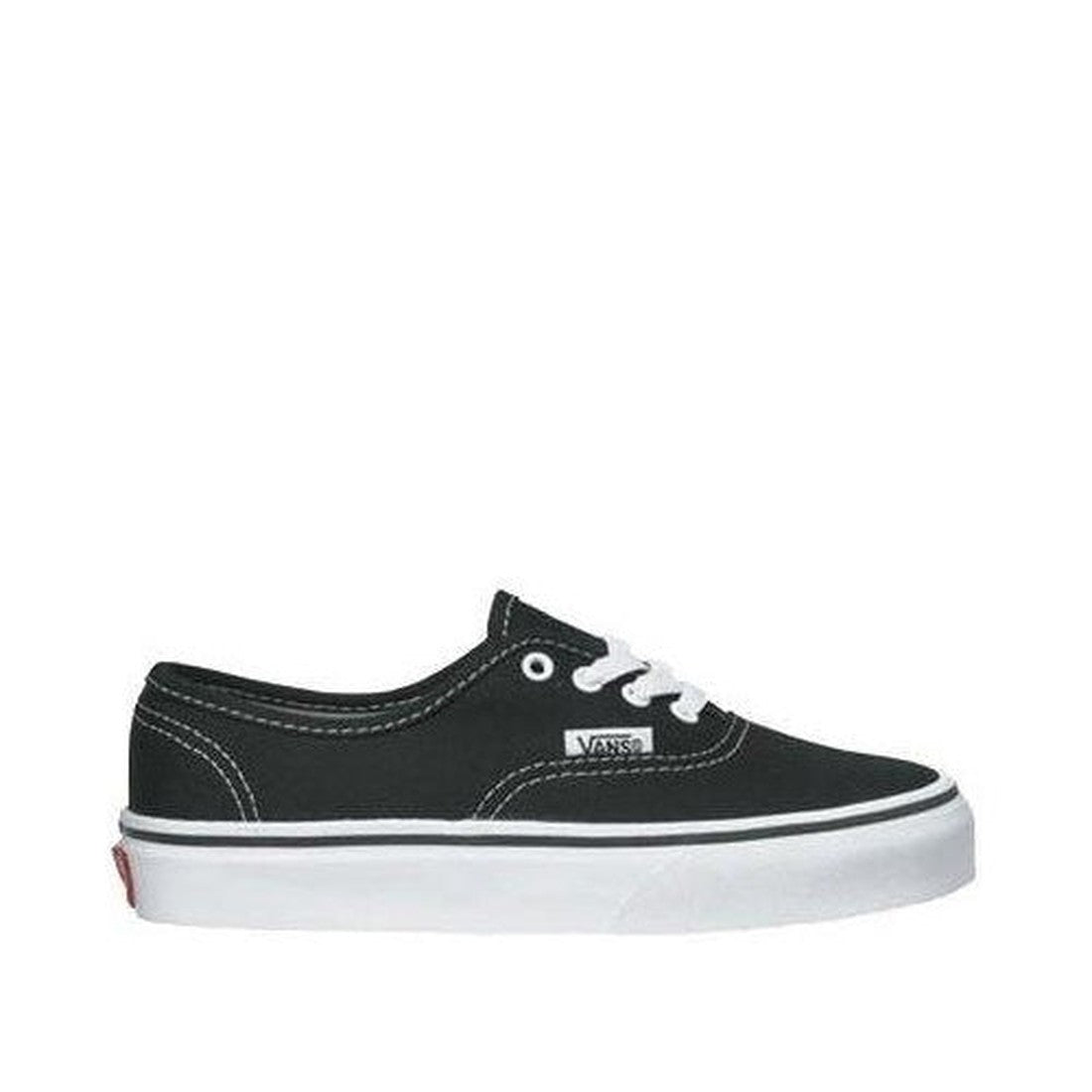 Vans Kids - Youths Authentic Black/White lace-up sneaker with sturdy white sole and classic stitching, side view on white.  ksnz
