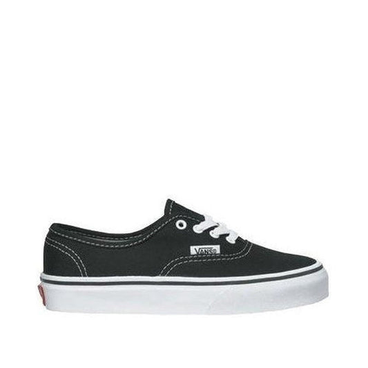 Vans Kids - Youths Authentic Black/White lace-up sneaker with sturdy white sole and classic stitching, side view on white.  ksnz