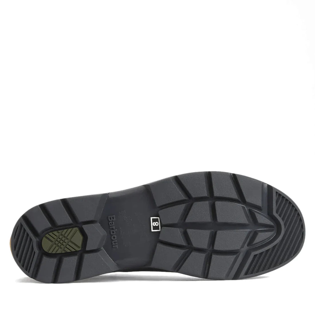 The image shows the black rubber sole of a Barbour Nimbus Black/Ochre Chelsea Wellingtons Men's Rainboot, featuring deep grooves, patterned grip, and the Barbour logo near the middle. A small "8" sticker marks the shoe size., 51444, 5063669168752, 5063669