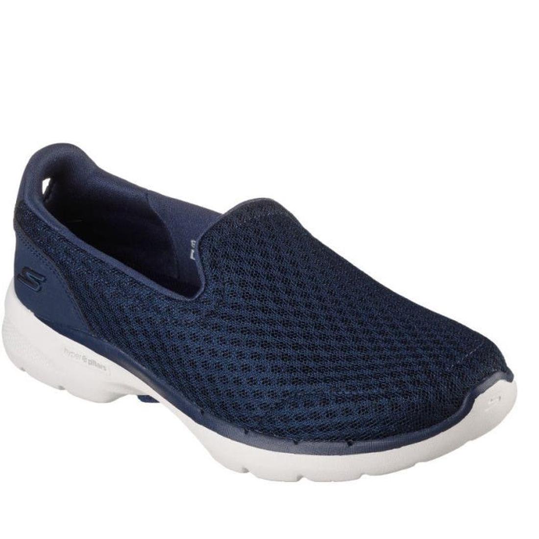 Skechers Go Walk 6 Big Splash slip-on in navy and white, easy to wear with a soft mesh top, comfy cushioned sole, now on sale.  ksnz