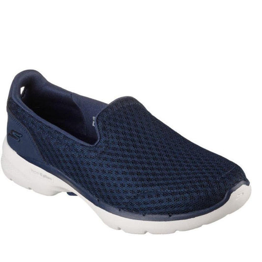 Skechers Go Walk 6 Big Splash slip-on in navy and white, easy to wear with a soft mesh top, comfy cushioned sole, now on sale.  ksnz