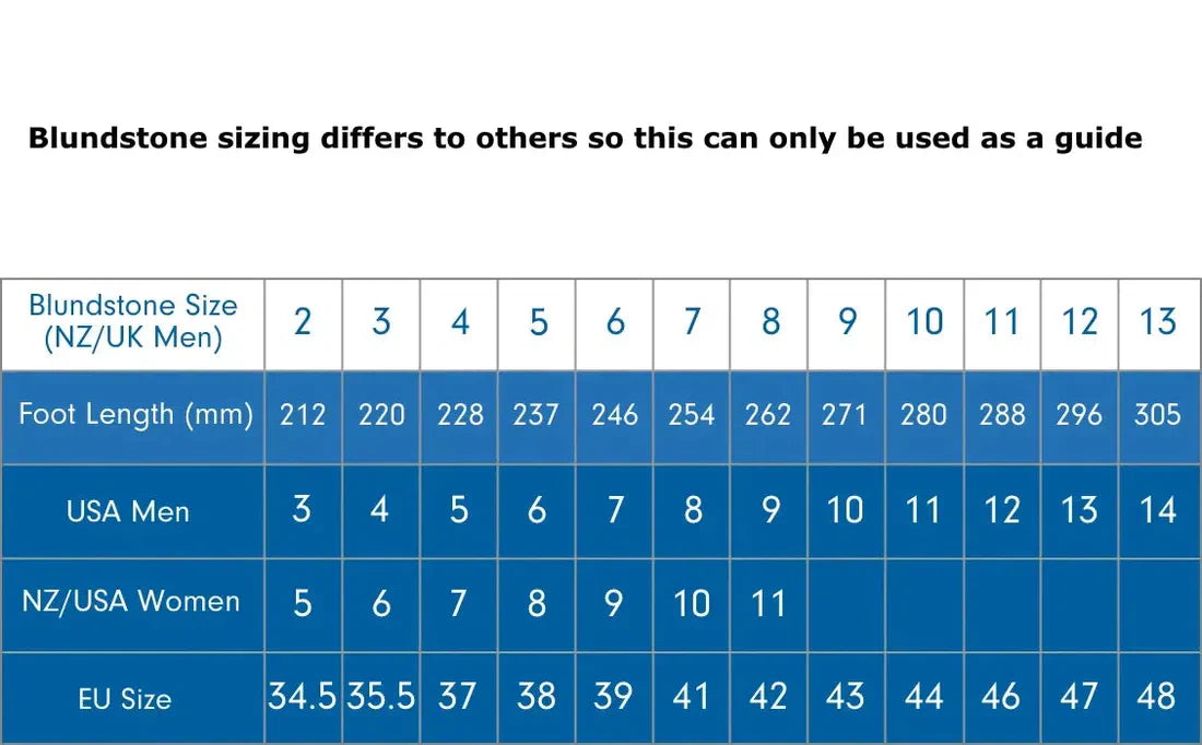 A sizing chart for Blundstone Womens 1673 Heeled Brown Ankle Comfy Boot shows sizes (NZ/UK Women) from 2 to 13, with foot lengths in millimeters, plus equivalent USA Women and EU sizes., 10451, 9315891492089, 9315891492102, 9315891492126, 9315891492140, 9