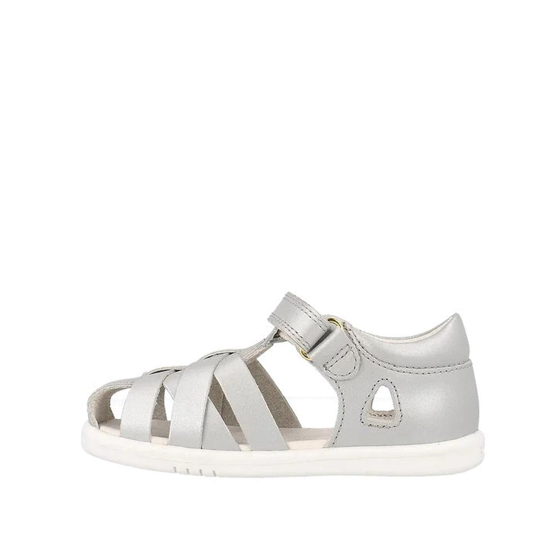 The Bobux Iwalk IW Tropicana II Metallic Silver Sandal 638320 is a kid's sandal with a closed heel, open toe, multiple straps, quick-dry leather, white sole, and an adjustable buckle—ideal for summer., 9420075776517, 9420075781092, 9420075776210, 94200757