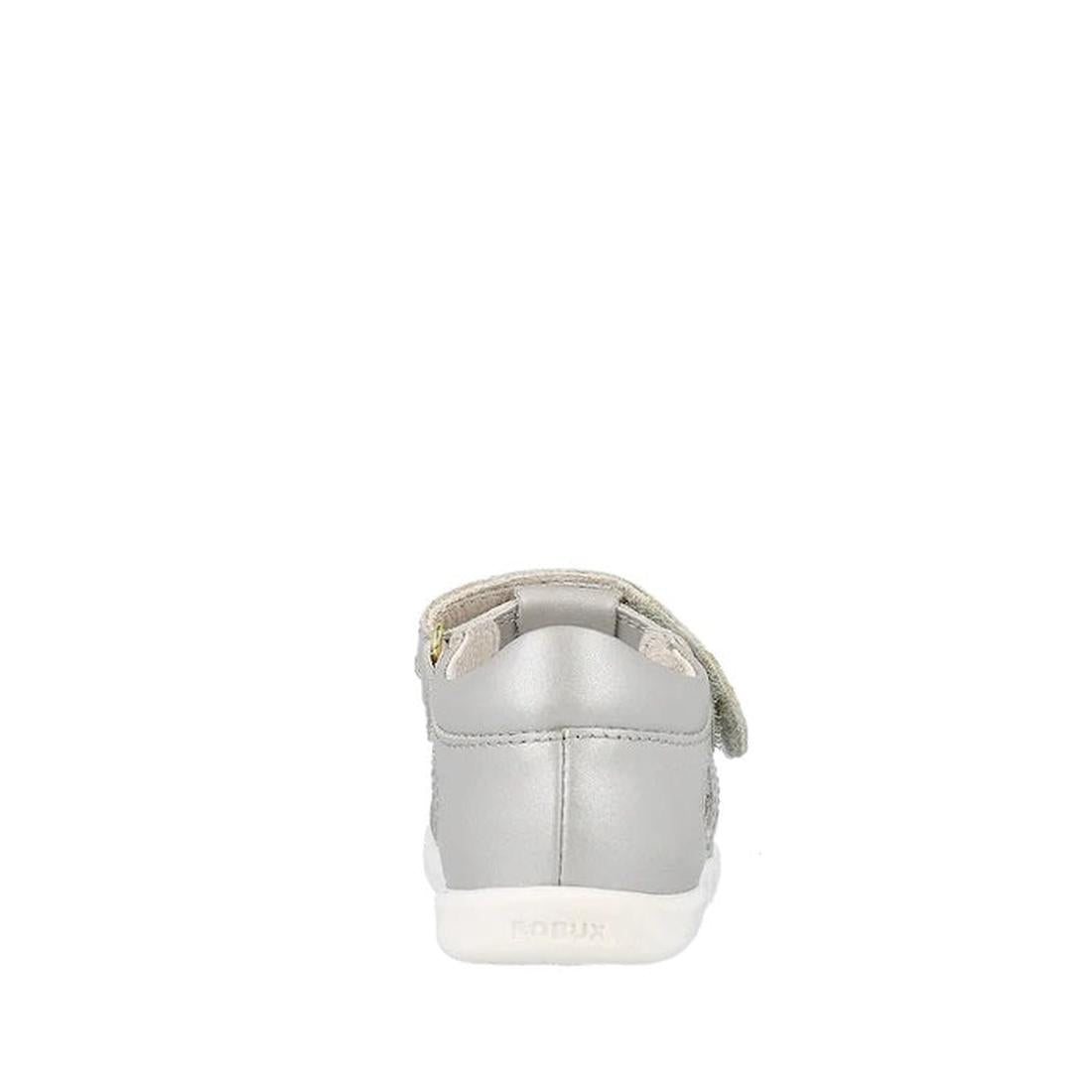 The Bobux Iwalk IW Tropicana II Metallic Silver Sandal 638320 is a kids’ sandal in quick dry leather, shown from the back with a strap at the heel and white sole. Perfect for active kids' summer wear. Displayed on a plain white background., 9420075776517,