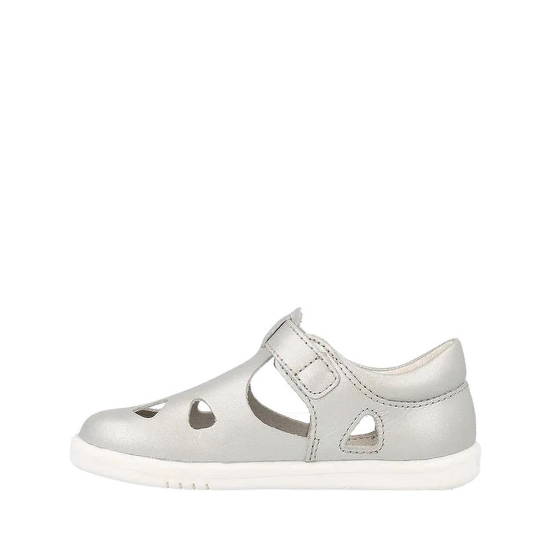 The Bobux IWalk IW Zap II Sandal Metallic Silver is a children's closed-toe sandal with side and front cutouts, a white rubber sole, quick-dry leather, and an easy hook-and-loop strap closure for convenience., 9420075777460, 9420075777675, 9420075781054, 
