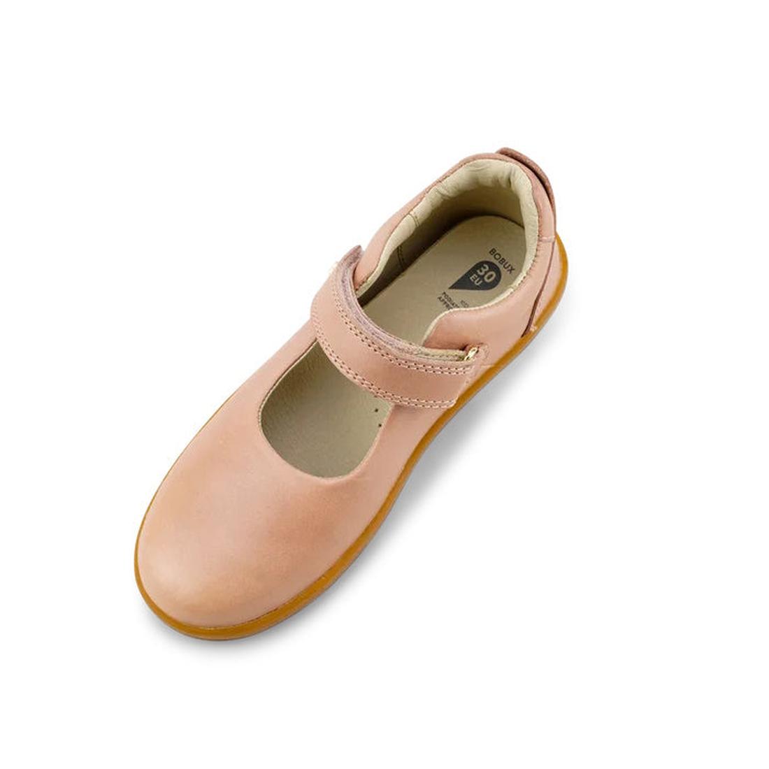 The Bobux Kid+ Delight Mary Jane Dusk Pink (831625Z) is a single girls' shoe in pink leather with a hook-and-loop strap, beige interior, and light brown sole, shown against a white background., 9420075719187, 9420075719194, 9420075719200, 9420075719217, 9