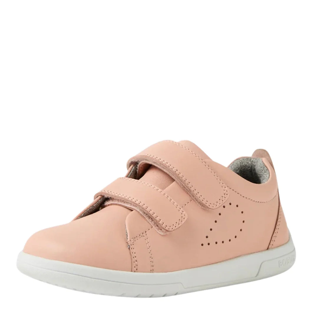 The Bobux KP Kids Plus Grass Court 2 II Leather Sneaker in Seashell is a light pink leather kids' shoe featuring two adjustable straps, a perforated heart detail on the side, and a white rubber sole., 9420074831538, 9420074831545, 52192, 9420074831569, 94