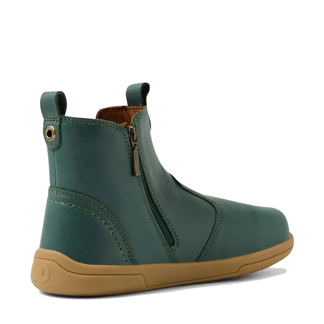 The Bobux KP Kids Plus Jodhpur 2 II Juniors Leather Boot in Rainforest Green features a leather upper, tan rubber sole, side zipper, pull tabs at heel and front, visible stitching, and a minimalist casual design—ideal for kids., 52176, 9420074835062, 9420