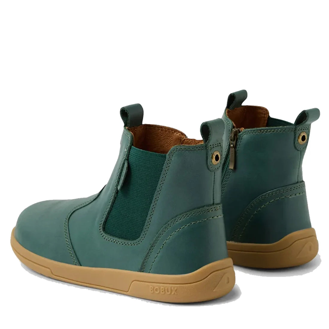 The Bobux KP Kids Plus Jodhpur 2 II Juniors Leather Boot in Rainforest Green features tan rubber soles, elastic side panels, and front/back pull tabs. Shown from the rear on a white background., 52176, 9420074835062, 9420074835079, 52179, 52180, 942007483