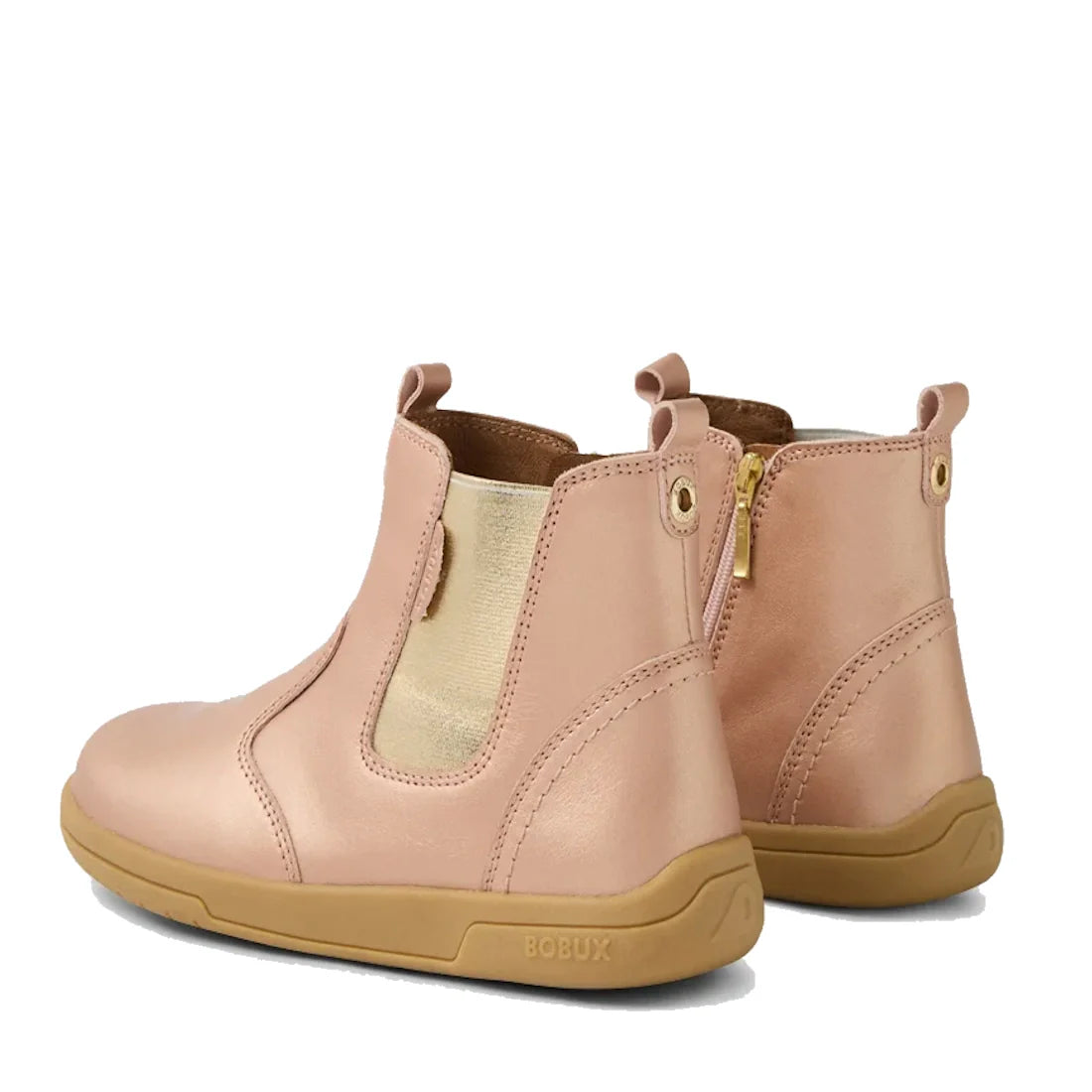 The Bobux KP Kids Plus Jodhpur 2 II Juniors Leather Boot in Rose Gold Metallic features pink leather, tan rubber soles, gold elastic side panels, back loop tabs, side zippers, and an embossed BOBUX logo on the heel., 52169, 52170, 52171, 52172, 52173, 942
