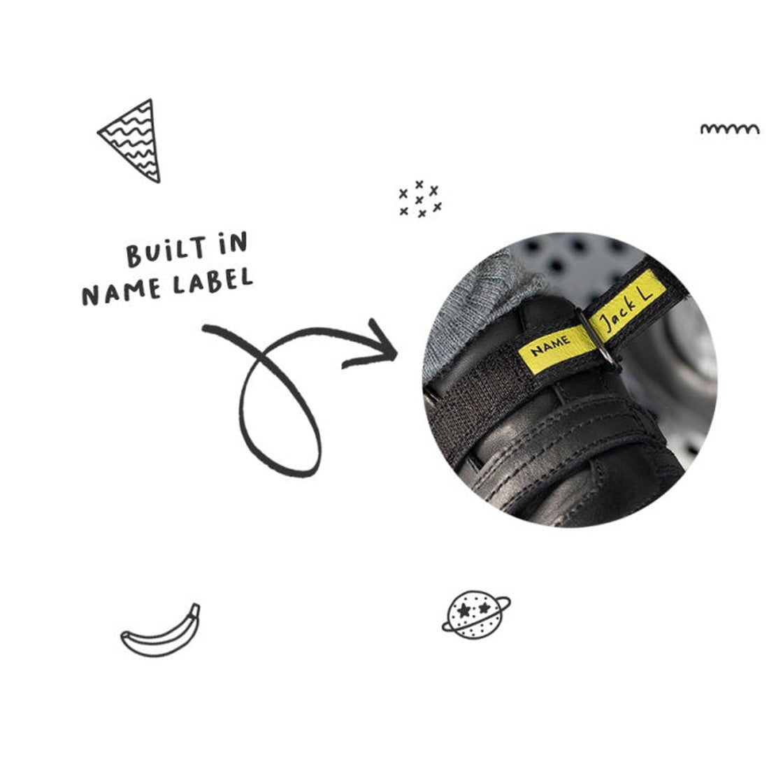 Bobux Kid+ Black School Leather Shoe LeapTrainer—comfy black sneaker with easy hook-and-loop closure and handy yellow name tag.  ksnz, 9420068510494, 9420068510500, 9420068510517, 9420068510524, 9420068510531, 9420068510548, 9420068510555