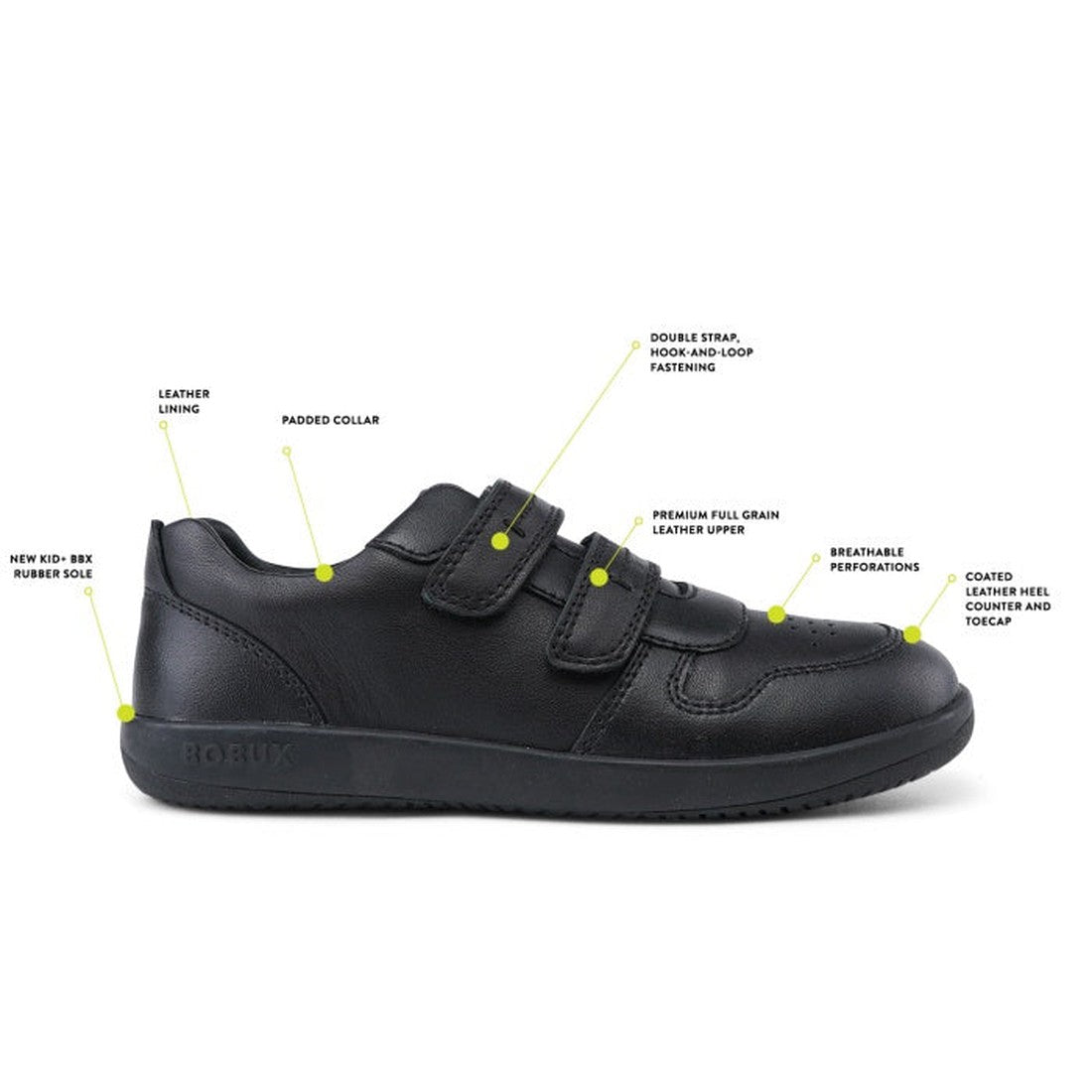 Bobux Kid+ Black School Leather Shoe LeapTrainer, a classic black school shoe with easy straps, comfy padding, and sturdy rubber sole.  ksnz, 9420068510494, 9420068510500, 9420068510517, 9420068510524, 9420068510531, 9420068510548, 9420068510555