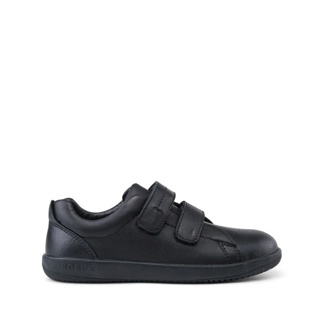 The Bobux Kid+ Black School Leather Shoe Venture Trainer is a black, low-top children’s leather shoe with two Velcro straps, a rounded toe, and non-marking rubber sole—simple, durable, and perfect for everyday wear., 9420068510289, 9420068510296, 94200685