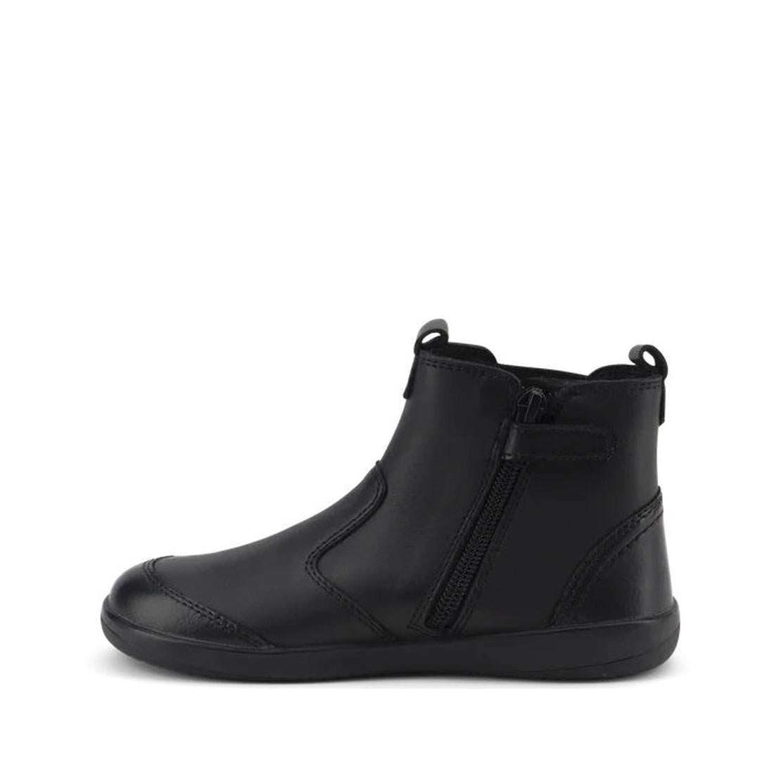 The Bobux Kid+ Black School Leather Boot Jodphur Black Sole Shoes feature a smooth black leather finish, flat sole, side zipper, front and back pull tabs—ideal as a stylish school shoe option., 27690, 9420071306183, 9420071306190, 9420071306206, 942007130