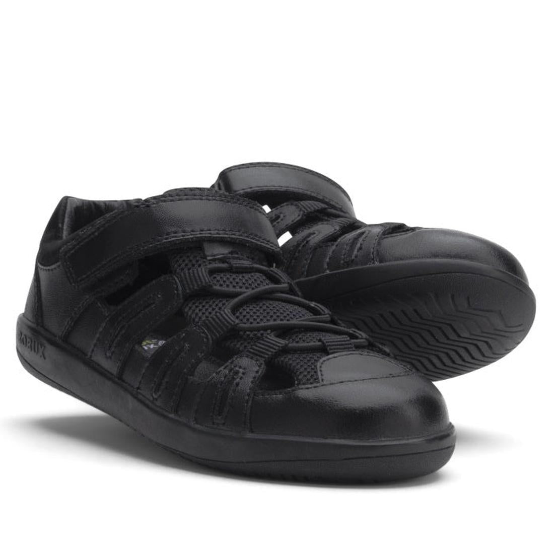 Bobux Kid+ Rova Black School Leather Sandal, with closed toe, Velcro closure, sturdy rubber sole, comfy leather and mesh.  ksnz