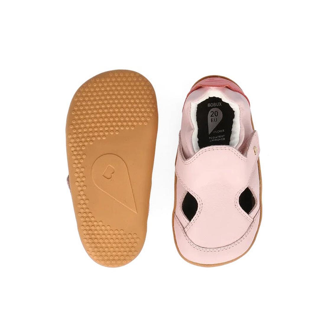 The Bobux XP Explorer Breeze First Walker Sandal in Rose Water Pink 502405 for toddlers is shown: one displays the textured brown flexible sole, while the other shows the open sides and toe, both against a white background., 9420075784864, 9420075786004, 