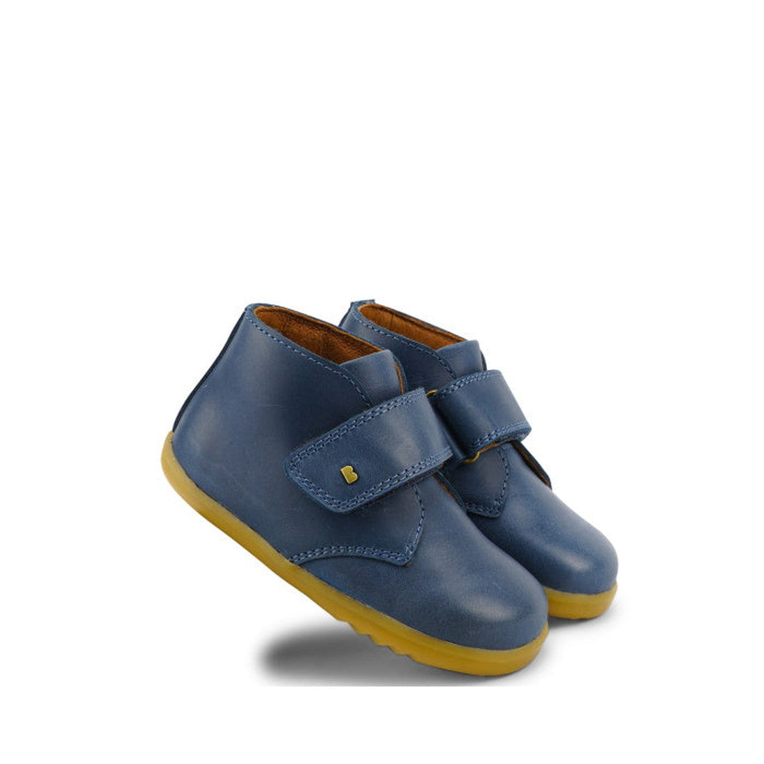 Bobux Step Up Desert Ankle Boot Midnight Blue 724830, cozy blue leather first walkers with easy Velcro straps and cheerful yellow soles.  ksnz