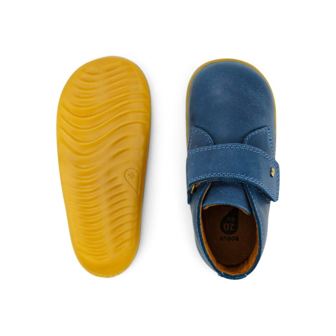 Bobux Step Up Desert Ankle Boot in Midnight Blue, with easy Velcro straps, soft blue upper, and grippy yellow sole for little explorers.  ksnz
