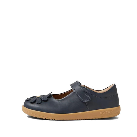 Bobux Iwalk Pixie Toddlers Mary Jane Navy Leather 652502: navy leather Mary Janes with flower detail, tan sole, easy Velcro strap.  ksnz