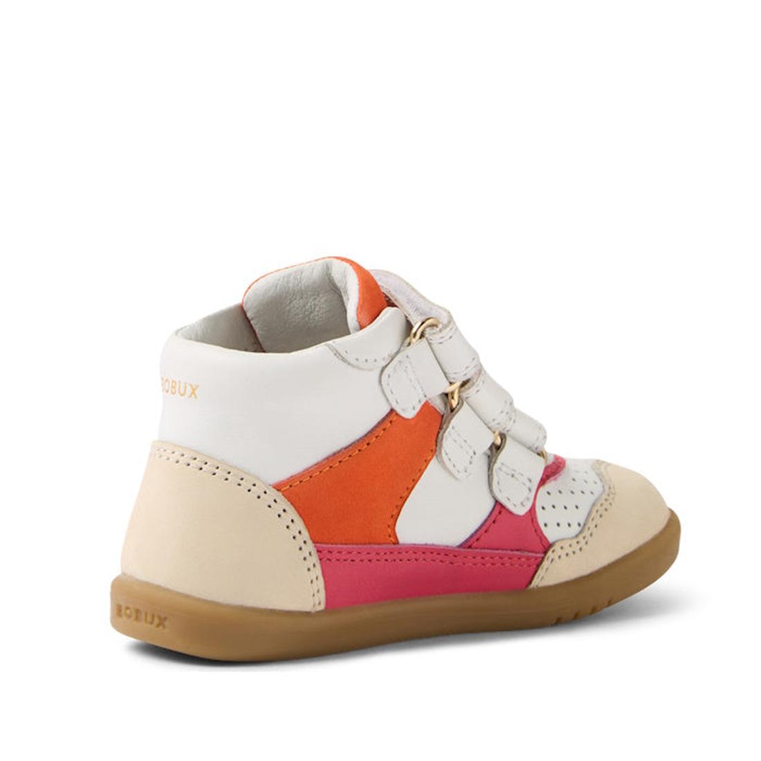 The Bobux IW Iwalk Harley Leather Boots Radiant Raspberry are kids' high-tops with white, beige, orange, and pink panels, adjustable Velcro straps for easy wear, a perforated toe, and a light brown rubber sole., 9420074833419, 9420074833426, 9420074833433