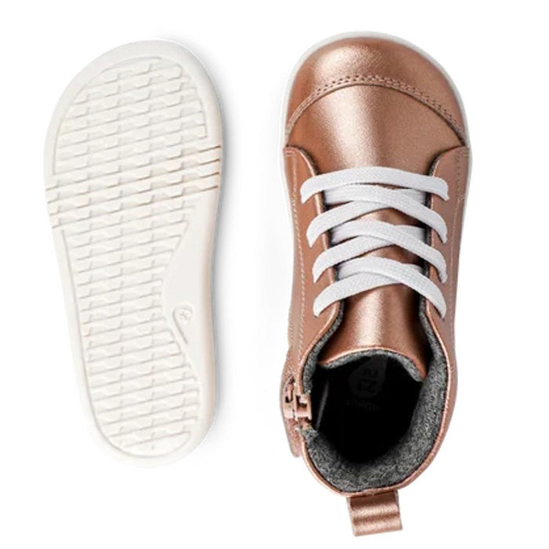 The IWalk IW Bobux Alley Oop Boot in Rose Gold Metallic (637113) features white soles and laces. One shows the top, the other shows the textured sole—stylish unisex toddler boots on clearance for everyday wear., 9420071321681, 9420071321698, 9420071321704