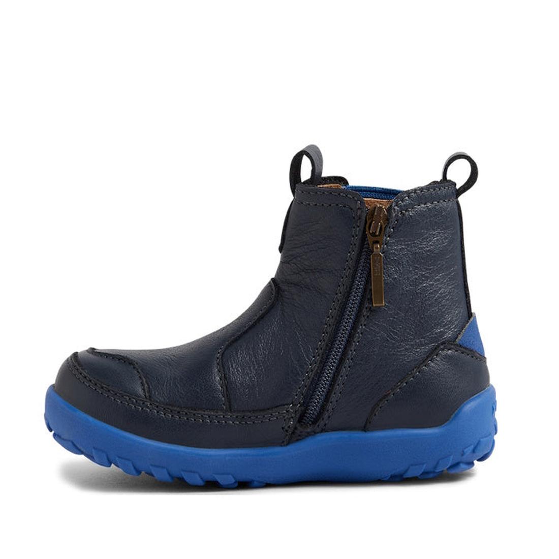 The Bobux IW Iwalk Trail Leather Boot Navy Alpha is a kids' boot featuring dark blue leather, a rugged blue rubber zero-drop sole, side zipper, front and back pull tabs, and a barefoot-shaped toe-box—ideal for active kids., 9420068563568, 9420068563575, 9