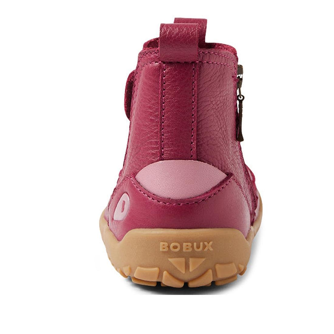 Back view of the Bobux IW Iwalk Trail Leather Boot Beaujolias Purple Alpha, featuring a pink leather upper, tan zero-drop sole, barefoot-shaped toe box, pull tab, side zipper, and BOBUX embossed on the heel., 9420068563667, 9420068563674, 9420068563681, 9