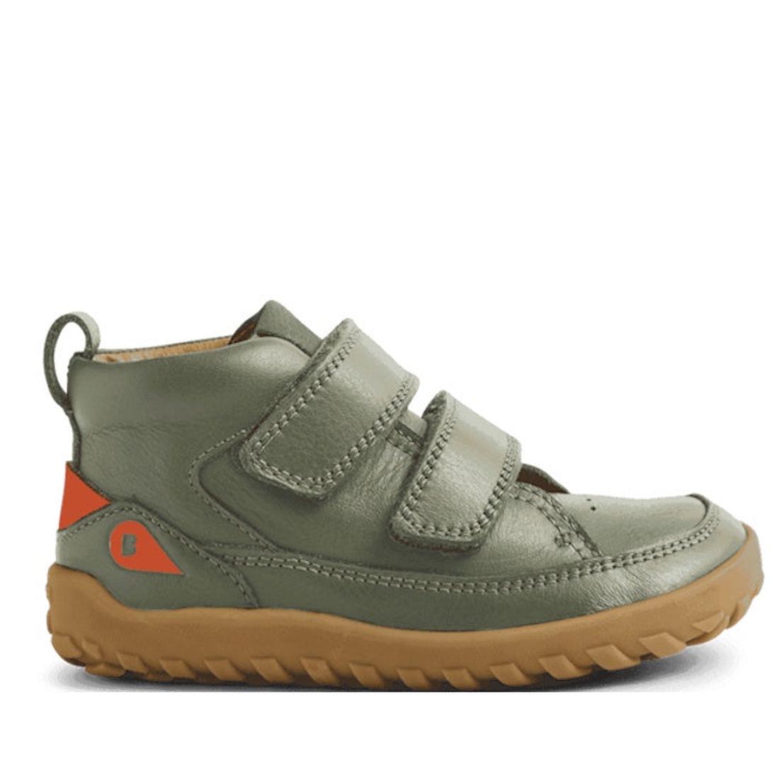 Bobux IW Iwalk Trek Leather Boot Vetiver Green Alpha—kids’ green boots with secure Velcro straps, sturdy brown sole, and cool orange heel accents.  ksnz