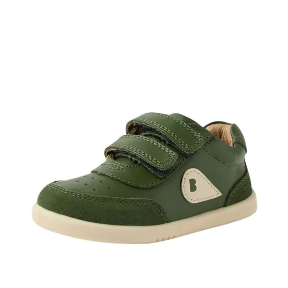 The Bobux IW Iwalk Champ Sneaker Bronze Green is a toddler shoe with green leather, two hook-and-loop straps, a cream sole, and a heart-shaped cream side detail., 9420074810786, 9420074810793, 9420074810809, 9420074810816, 9420074810779, 9420074810786, 94