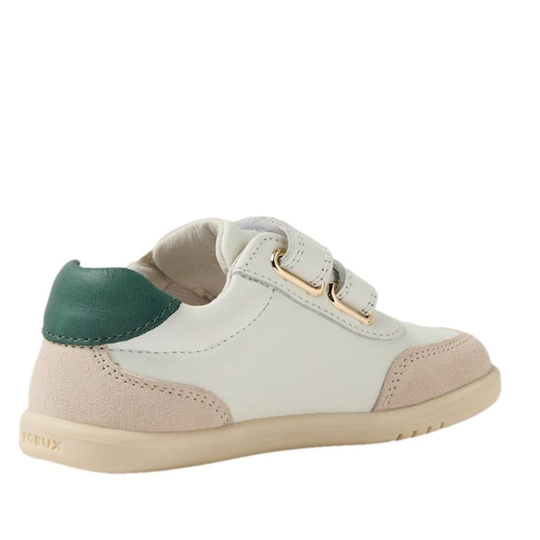 The Bobux Toddlers IWalk IW Champ II Sneaker in Chalk White Rainforest Green features leather, pink suede accents, a green heel patch, beige sole, gold eyelets, and hook-and-loop straps for easy wear and style., 9420074865533, 9420074865540, 9420074865557