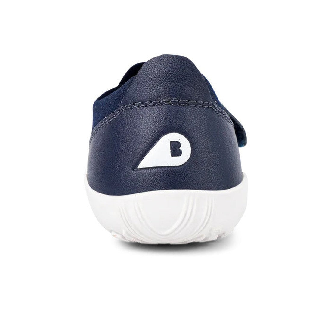 Rear view of the Bobux Iwalk Lo Dimension III Blue Navy Trainer 638506 Unisex, a lightweight navy performance shoe with a white sole and a white letter B inside a teardrop shape on the heel., 9420062025925, 9420071311699, 9420068531536, 9420071311712, 942