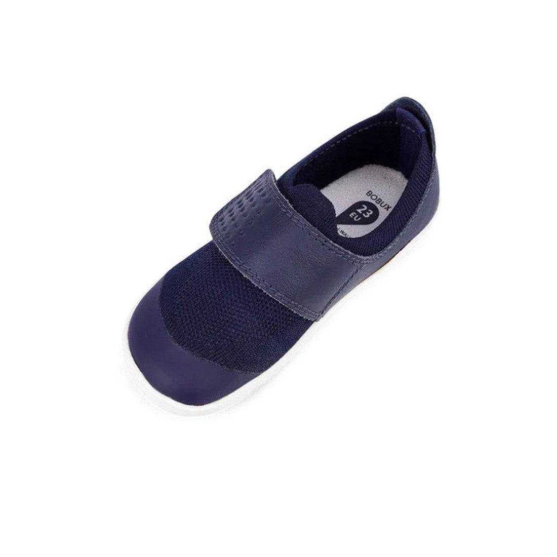 The Bobux Iwalk Lo Dimension III Blue Navy Trainer 638506 is a unisex kids’ lightweight shoe with a Velcro strap, mesh toe, and flexible white rubber sole. Shown on a white background with size label 23 inside., 9420062025925, 9420071311699, 9420068531536