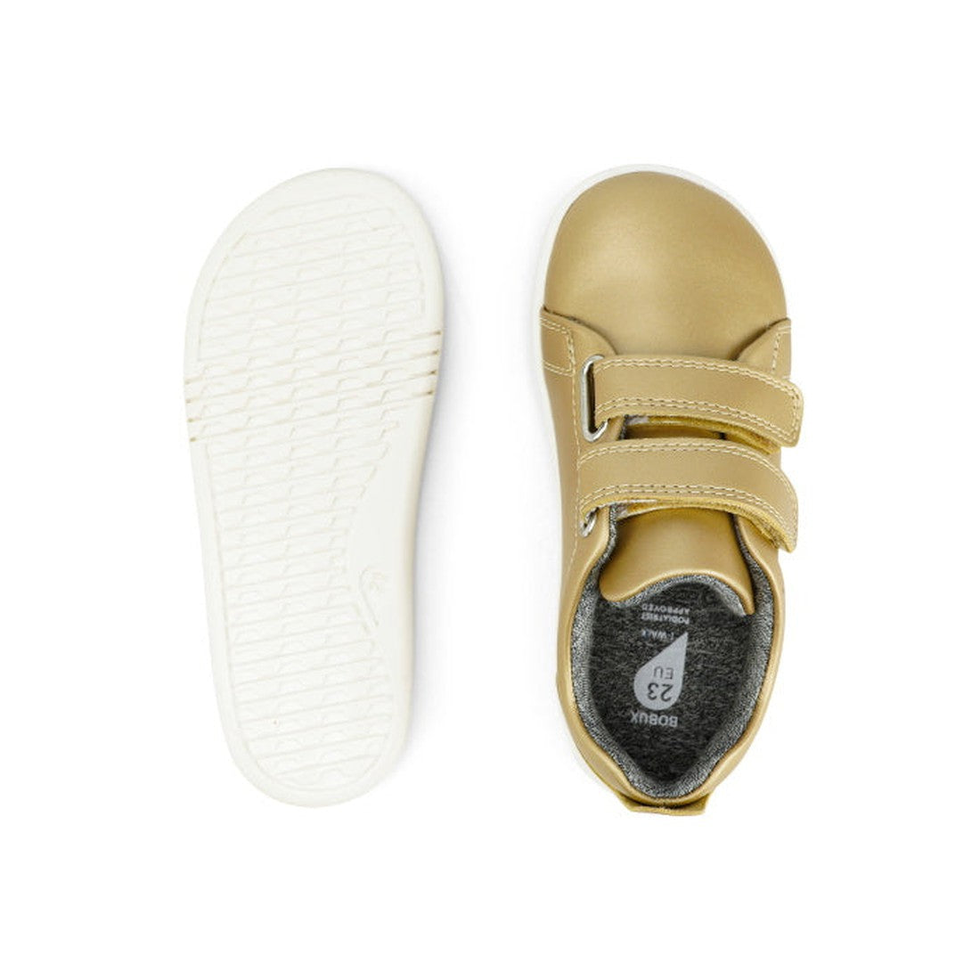 The Bobux Iwalk Grass Court Gold Leather Trainer is a unisex toddler sneaker with gold leather uppers, white soles, double strap closure, and a soft grey lining for comfort, shown from the top and bottom., 9420071310470, 9420071310456, 9420071310463, 9420