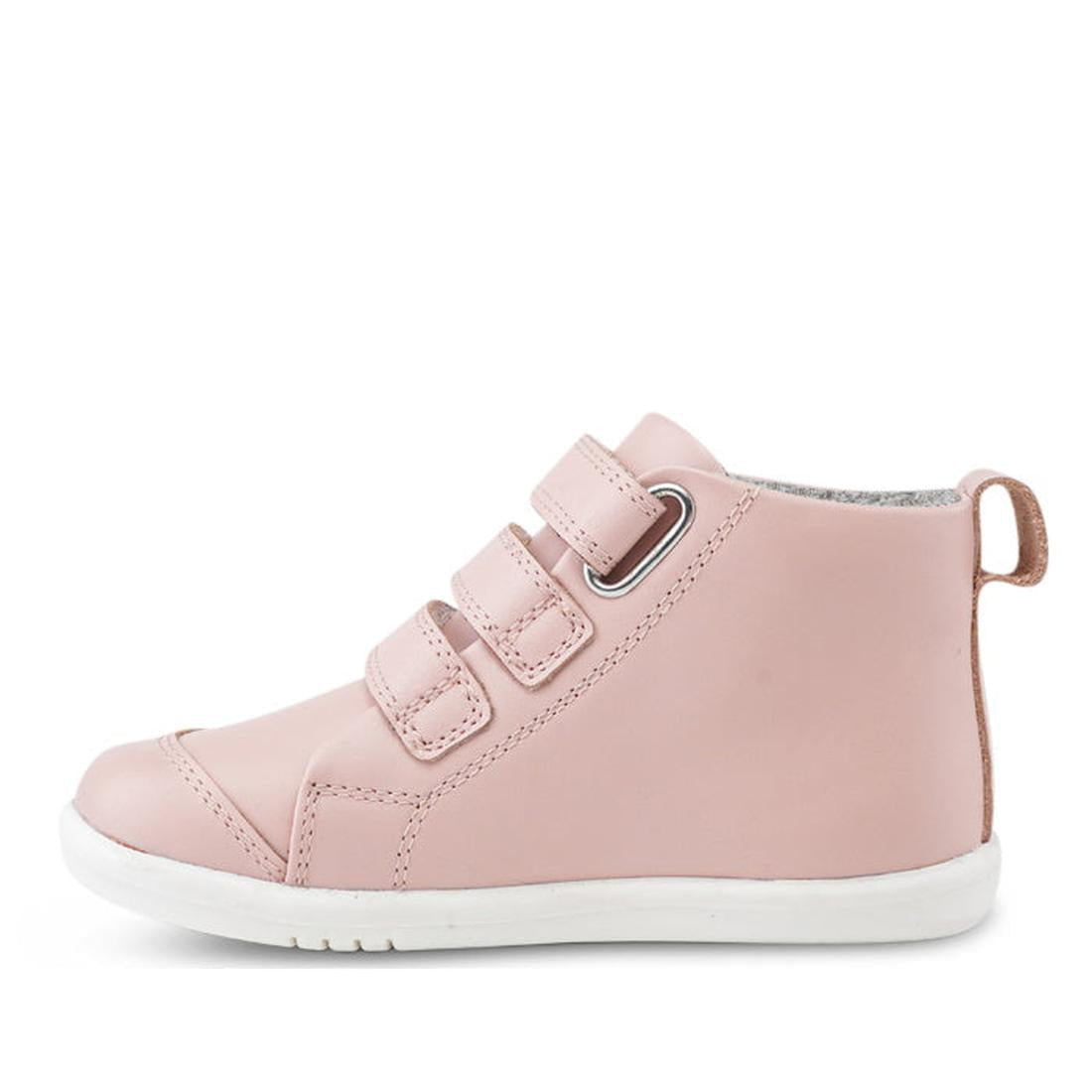 The Bobux IWalk IW Hi Court Boot in Seashell Pink is a children’s shoe with premium coated leather, three Velcro straps, a white sole, and a heel loop, shown from the side on a white background., 9420075793101, 9420075792609, 9420075789760, 9420075791411,