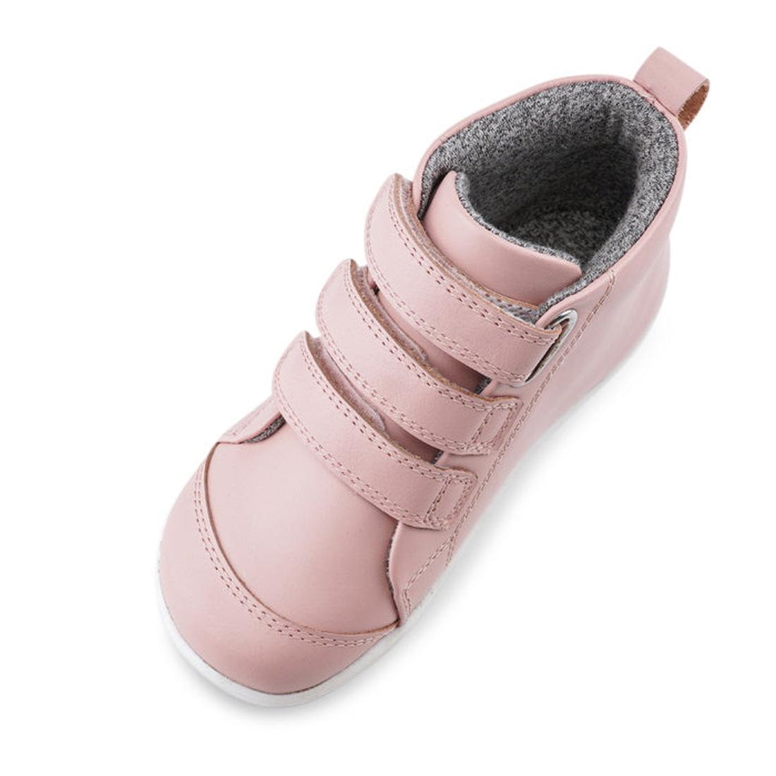 A single Bobux IWalk IW Hi Court Boot in Seashell Pink, featuring three velcro straps, a rounded toe, soft grey lining, and premium coated leather, shown from above on a white background., 9420075793101, 9420075792609, 9420075789760, 9420075791411, 942007