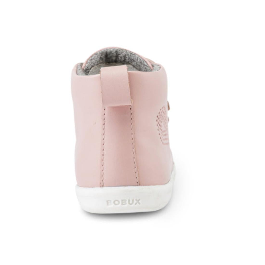 A rear view of the Bobux IWalk IW Hi Court Boot in Seashell Pink, featuring a white sole, grey inner lining, heel pull tab, premium coated leather upper, and "BOBUX" printed on the back., 9420075793101, 9420075792609, 9420075789760, 9420075791411, 9420075