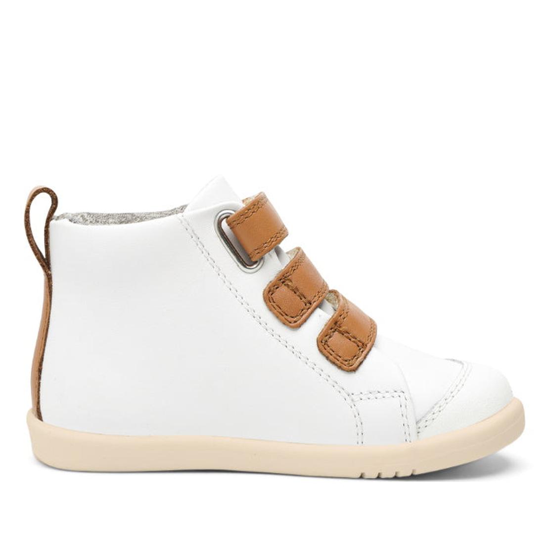 The Bobux IWalk IW Hi Court Boot White Caramel Clearance is a white toddler hi-top with premium coated leather, tan hook-and-loop straps and heel detail, beige sole, and grey lining—shown side view., 9420071319701, 9420071319718, 9420071319725, 9420071319