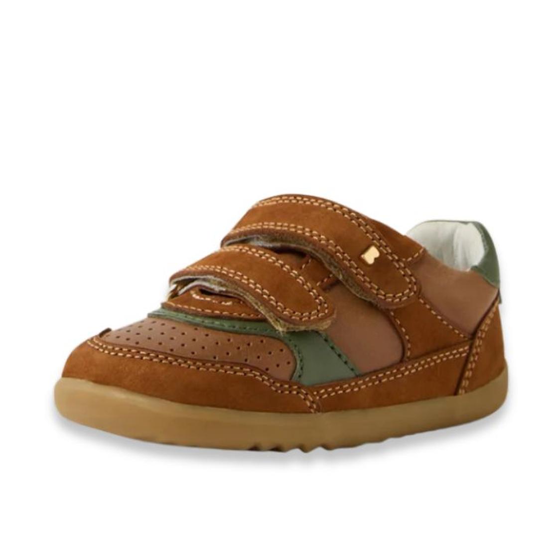 The Bobux IW Iwalk Hunter Leather Sneaker in Caramel Tan is a kids' shoe with a Quickdry leather upper, perforated details, tan stitching, two adjustable Velcro straps, and a durable rubber sole on a white background., 9420074834195, 9420074834201, 942007