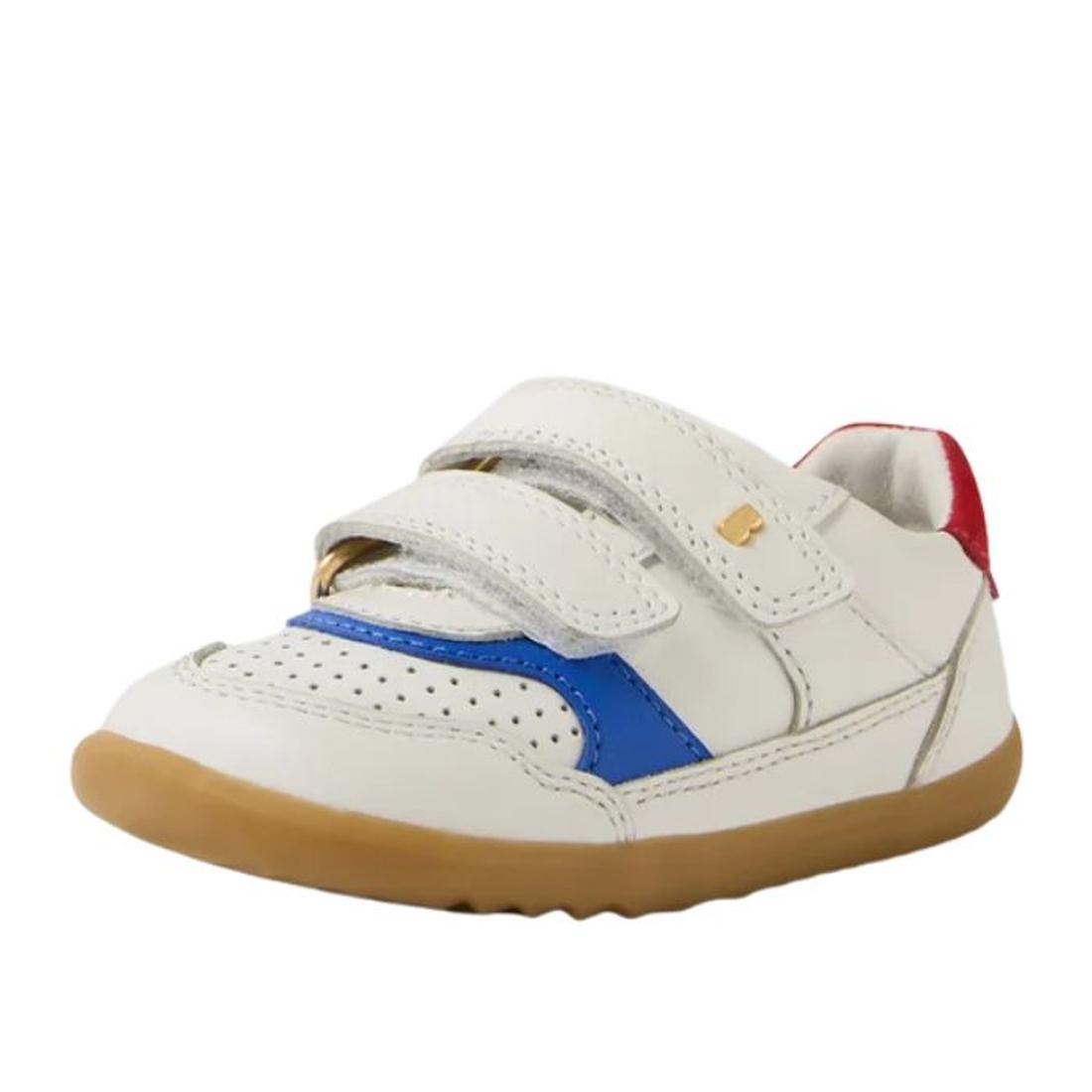 The Bobux IW Iwalk Hunter Leather Sneaker White Salsa is a white kids' Quickdry leather sneaker with a tan rubber sole, blue side accent, red heel detail, and two adjustable straps on top., 9420074834232, 9420074834249, 9420074834256, 9420074834263, 94200
