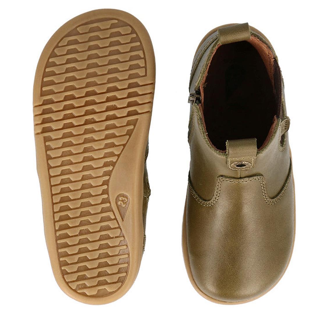 The Bobux Iwalk Jodhpur Ankle Boots Olive Toffee for kids feature an olive green leather upper with a rounded toe, side zipper, and a tan rubber sole with a wavy, textured grip pattern shown from top and bottom views., 9420075795655, 9420075796331, 942007