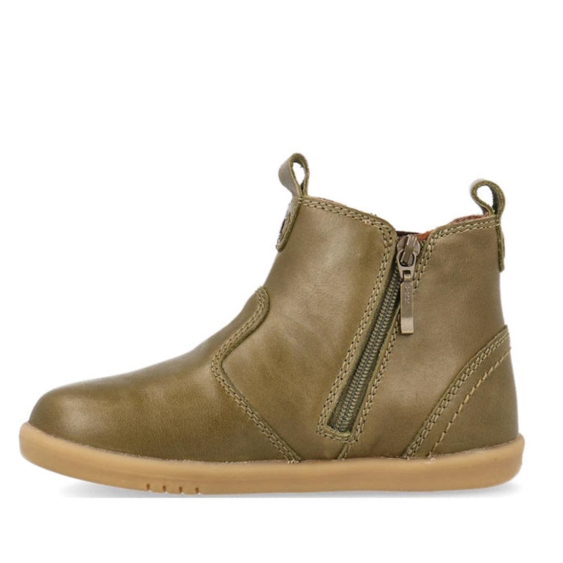 A single Bobux Iwalk Jodhpur Ankle Boot in olive toffee with a tan rubber sole, side zipper, and front/back pull tabs. This kids’ leather ankle boot is shown on a white background., 9420075795655, 9420075796331, 9420075796607, 9420075796546, 9420075796591