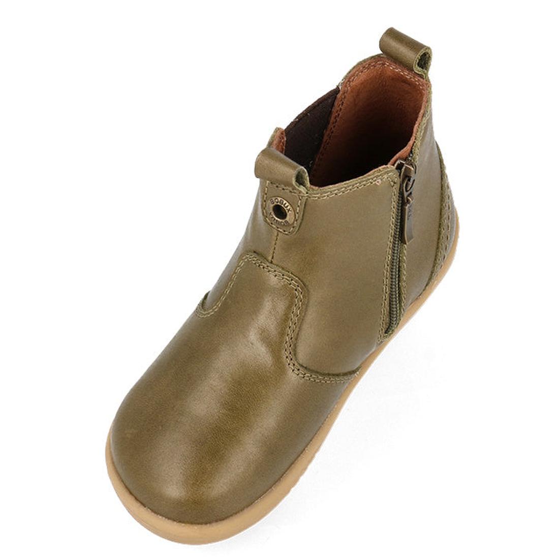 The Bobux Iwalk Jodhpur Ankle Boots Olive Toffee are children's leather boots with a tan rubber sole, side zipper, pull tabs for easy wear, and a brown lining for comfort. Stylish and practical from the IWalk Boots collection., 9420075795655, 942007579633