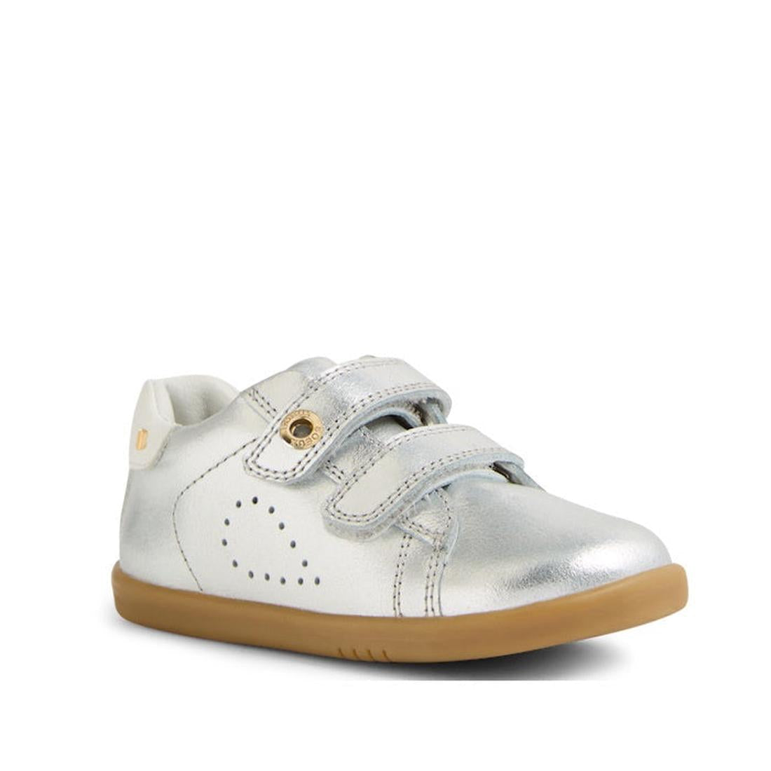 The Bobux IW Iwalk Maverick Leather Sneaker in Silver is a toddler shoe with adjustable Velcro straps, breathable leather, a heart-shaped perforation on the side, and a light brown rubber sole., 9420074836472, 9420074836489, 9420074836496, 9420074836502, 