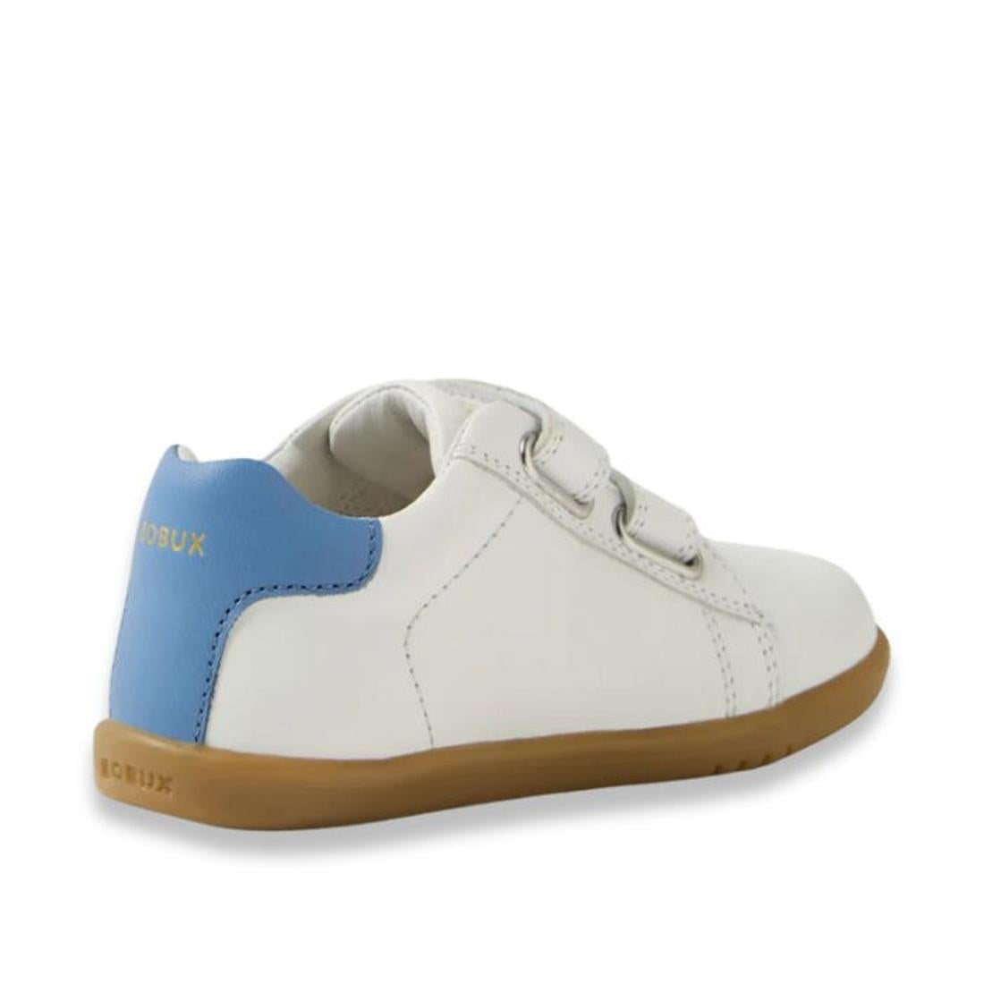 The Bobux IW Iwalk Maverick Leather Sneaker in White Coronet Blue is a kids' shoe with a light brown sole, blue heel accent, gold BOBUX branding, two adjustable straps, and breathable angled leather showing the side and back., 9420074836588, 9420074836595