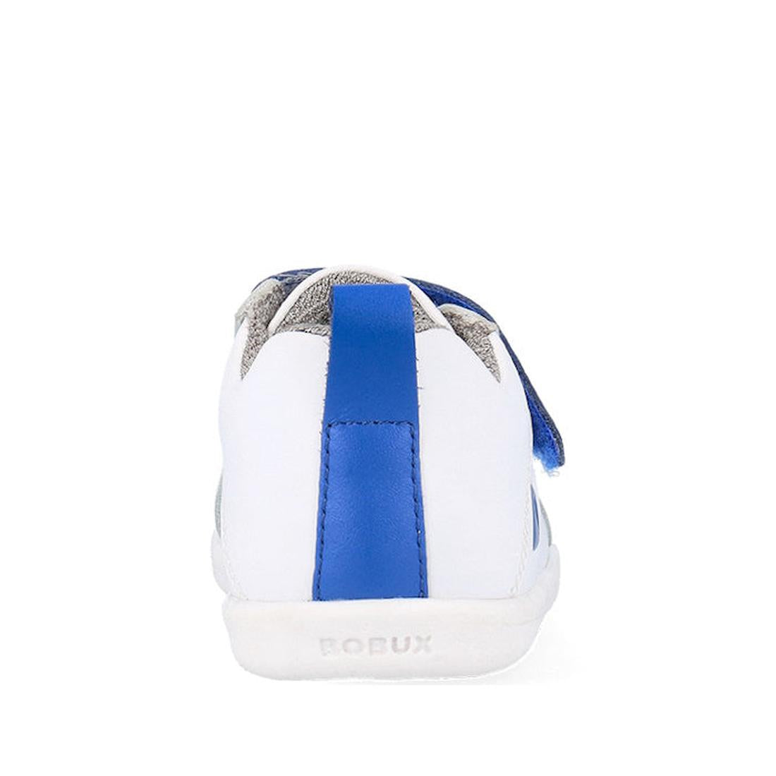 The Bobux Kids IWalk IW Pace Sneaker White Blue 650401 is a unisex leather sneaker for kids with grey accents, a blue stripe on the heel, velcro closure, white sole, and embossed BOBUX branding, shown from the back on a white background., 9420075780583, 9