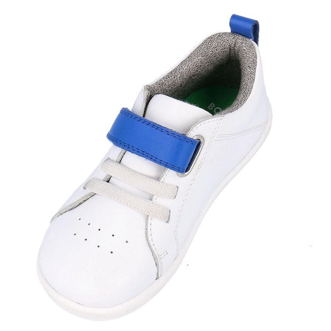 The Bobux Kids IWalk IW Pace Sneaker White Blue 650401 features a white leather design, white laces, bright blue unisex velcro strap, blue heel pull tab, rounded toe, and gray inner lining—ideal for active kids., 9420075780583, 9420075779693, 942007577458