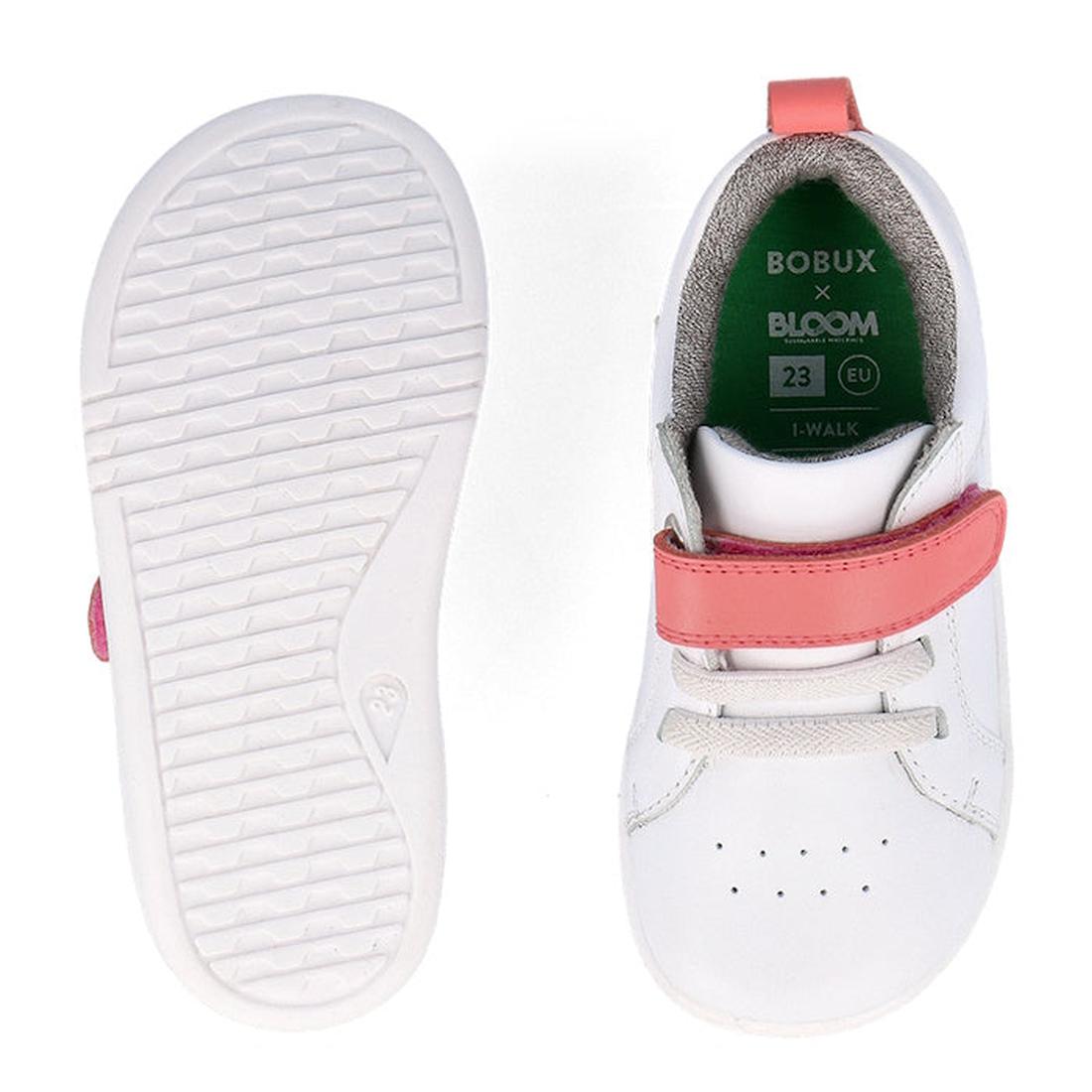 Two Bobux Kids IWalk IW Pace Sneakers in White Coral are shown; one displays the BOBUX x BLOOM brand from above, while the other shows its textured sole with a circular grip pattern., 9420075781894, 9420075779273, 9420075773523, 9420075768956, 94200757817