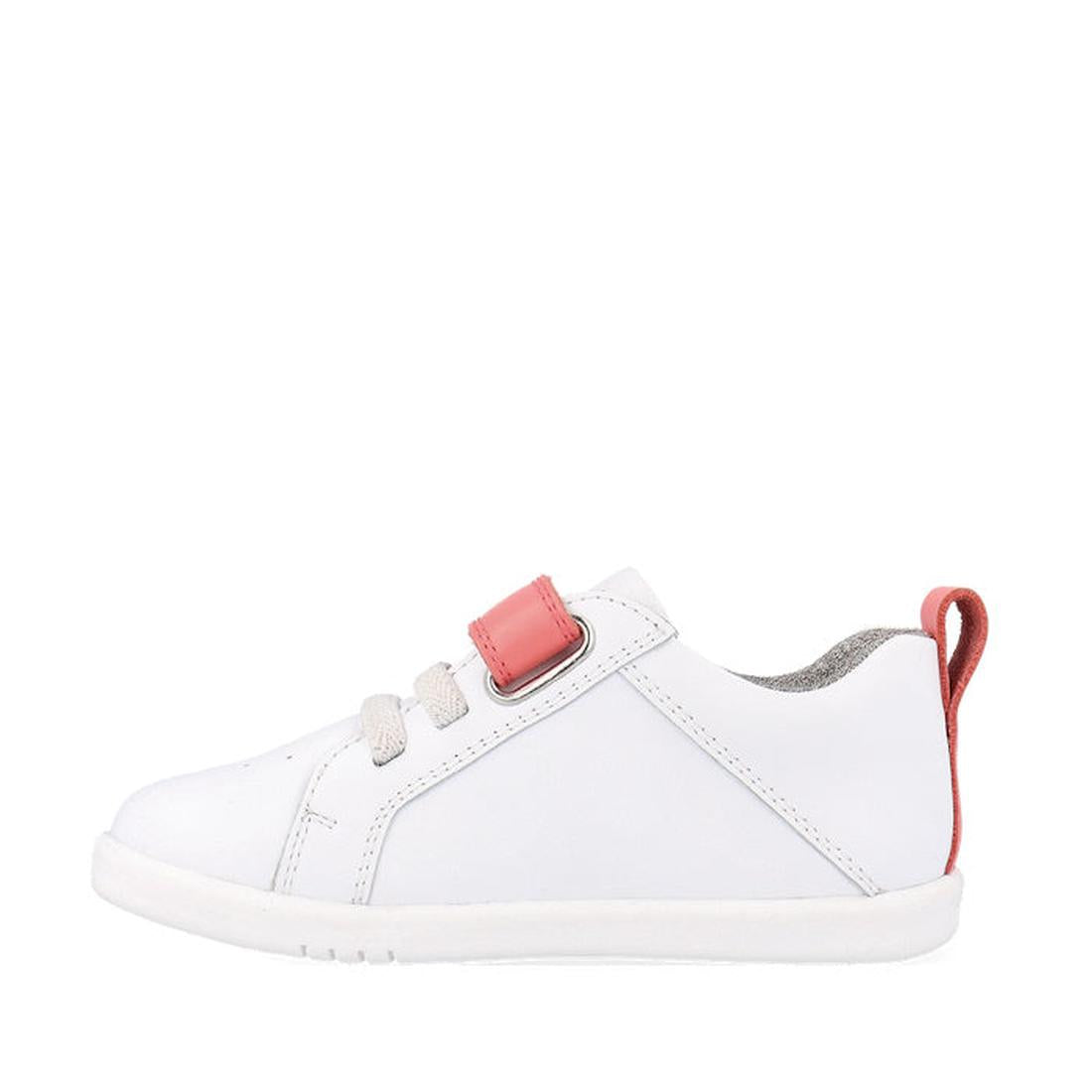 The Bobux Kids IWalk IW Pace Sneaker White Coral 650402 is a unisex leather sneaker for kids, featuring light gray laces, a red Velcro strap, red heel pull tab, and white sole. Displayed on a plain white background., 9420075781894, 9420075779273, 94200757