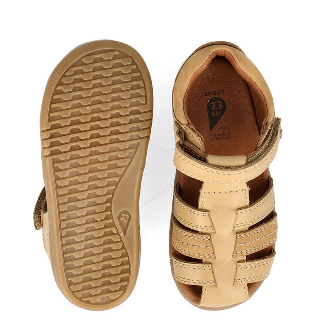 The Bobux IWalk Roam Sandal Parchment Beige Closed Toe 626030 is a toddler sandal with multiple straps, a grippy textured rubber sole, and Velcro closure, shown from top and bottom views in parchment beige leather., 9420075781610, 9420075782907, 942007578