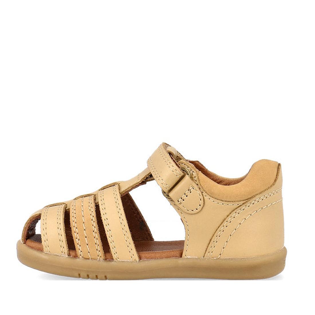 The Bobux IWalk Roam Sandal Parchment Beige Closed Toe 626030 is a stylish toddlers’ sandal with closed toe, comfy fit, three straps, hook-and-loop ankle fastening, and a light brown flat sole for comfort., 9420075781610, 9420075782907, 9420075780408, 942